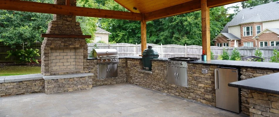 Outdoor kitchen and outdoor fireplace.