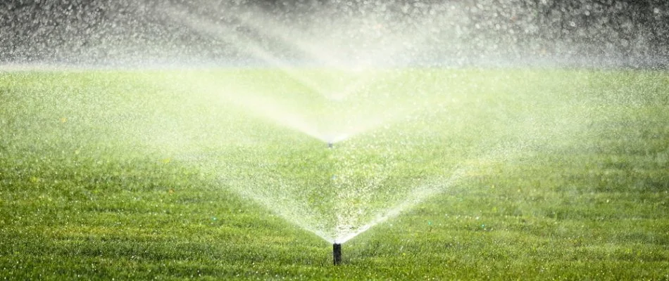 Sprinkler irrigation system watering grass in Moores Mill, AL.